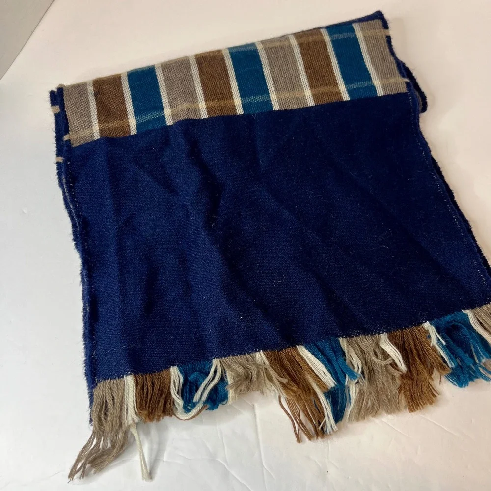 Striped Multicolor Wool‎ Scarf Made in Scotland Striped Brown Blue Cream
